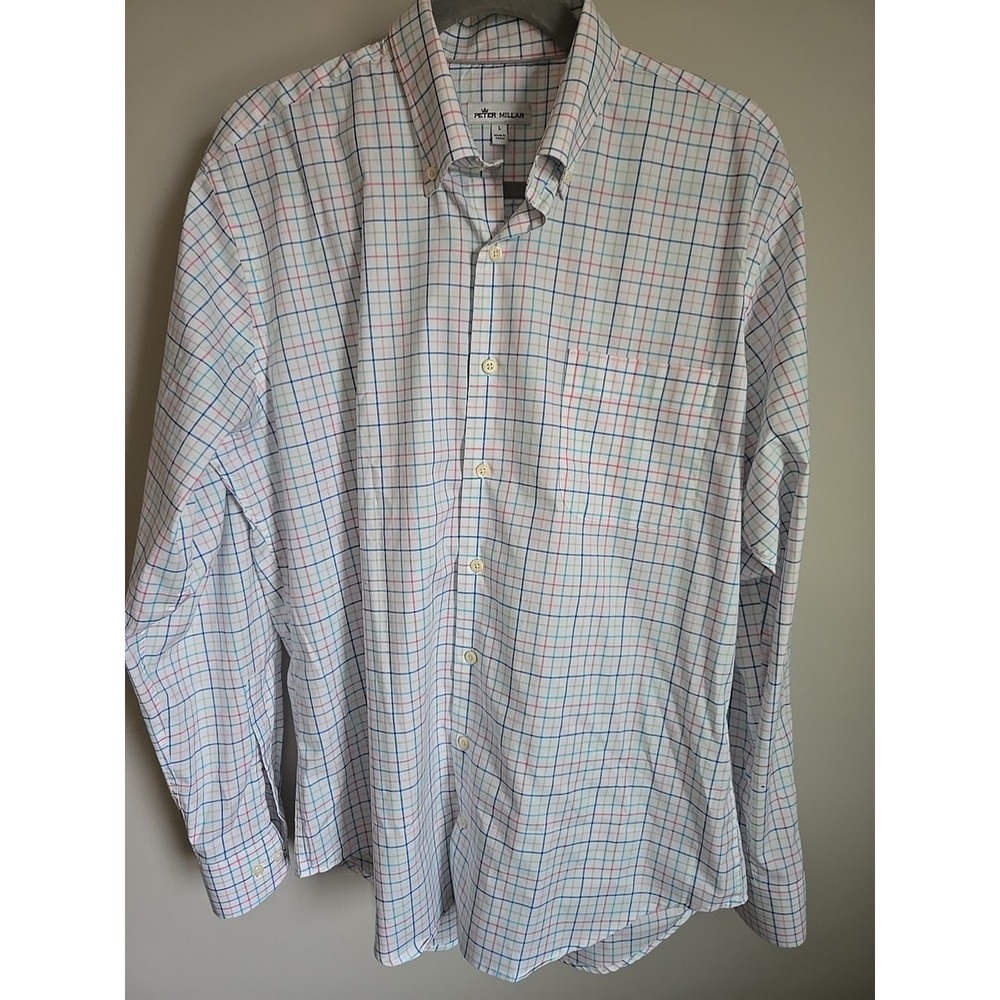 Peter Millar Shirt Mens L Multicolor Plaid Cotton Stretch Blend Button Down